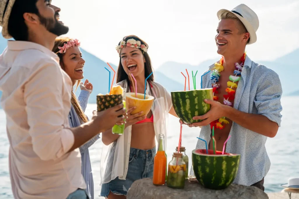 Group of friends enjoying the Beach Party drinks 